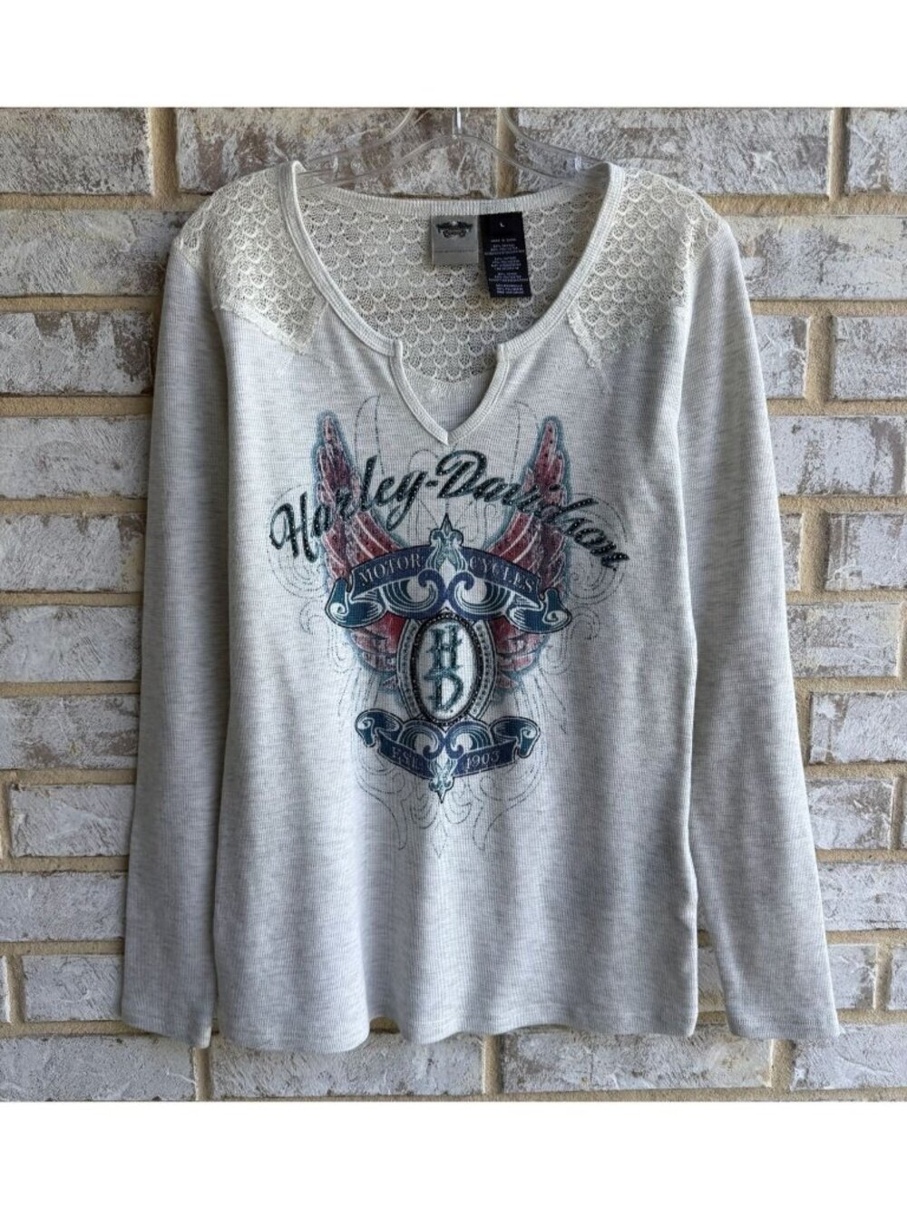 Harley Davidson Long Sleeve Lace V-Neck Thermal Waffle Shirt Women's Size L